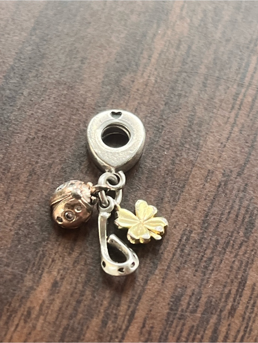 Sterling Silver and Gold Charm Pendant with Ladybug and Clover